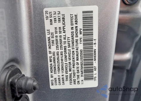 2020 Honda Cr-V Touring z USA, uszkodzony, nr VIN 7FART6H92LE025593